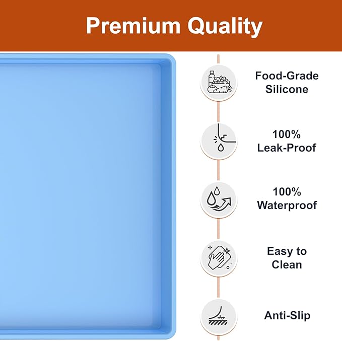 Extra Thick Silicone Mat Waterproof with Raised Edge 19” x 12”, BPA Free Non-Slip Dog & Cat Food Mat, Feeding Mat for Food and Water Bowls, Spill Proof Mat to Protect Floors, Blue
