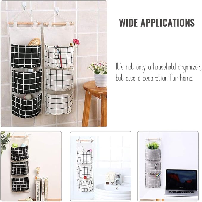 AUHOKY 3Pcs Wall Closet Hanging Storage Bag, Premium Linen Fabric Over The Door Organizer, Hanging Storage Pouches with 3 Pockets for Bedroom Bathroom - Waterproof & Stylish (Black/Gray/White)