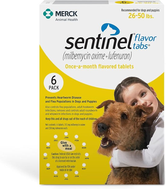 Sentinel Flavor Tabs for Dogs, 26-50 lbs, 6 Chewable Tablets, 6-month supply, Yellow Box
