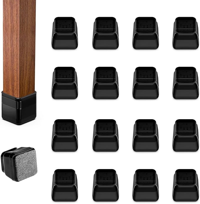 16pcs Square Chair Leg Floor Protectors, Felt Pads Chair Leg Protectors for Hardwood Floors, Silicone Furniture Feet Cups Covers Felt Pads, Prevents Scratches & Reduce Noise, Black, X-Small
