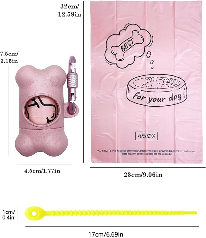 Dog Poop Pickup Bags Holder Dispenser with Standard-Sized Leak-Proof Scented Doggy Waste Bags and Carabiner with Safety Lock&Fastener Never Loose on Leash Lead Again (2 Holders 30 Bags, Pink)