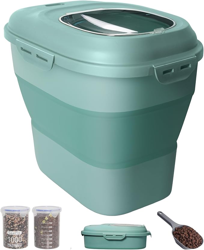 DDMOMMY 30-35 Lbs Dog Food Storage Container Collapsible Dog Food Container with Airtight Lids, Wheels, Scoop and 2pcs Food Storage Containers, Large Pet food storage for Dog, Cat (Green)