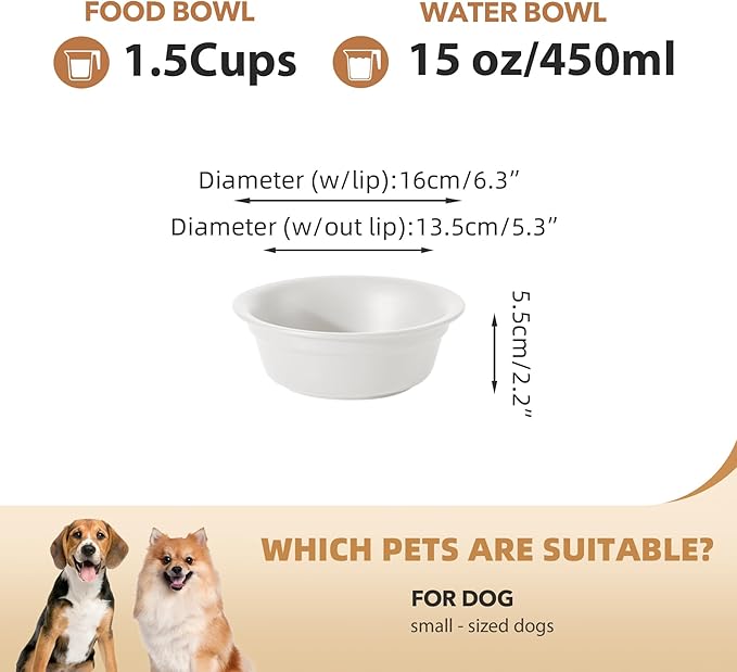 Ceramic 6.3inch Set of 2 Dog Bowls, 2pcs Basic 1.5 Cup Food or 15 oz Water Dishes for Small Dogs, Wide Opening Rounded Edge (2 Bowls, Matt White)