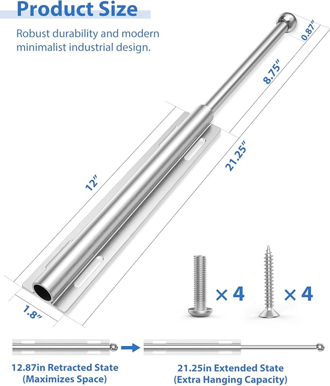 Valet Rod for Closet Pull Out, 12" Aluminum Valet Heavy Duty Closet Valet Rod, Adjustable Retractable Slide Out Valet Rod Closet Organization for Closet Laundry Bedroom Bathroom(Silver)