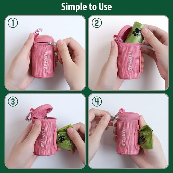 Dog Poop Bag Holder for Leash Doggie Waste Bag Dispenser Soft Fabric Puppy Potty Carrier Small Doggy Zipper Pouch with Carabiner Clip 1680D Nylon Oxford with 1 Roll of Pet Trash Bags, Pink
