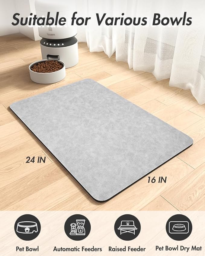 MontVoo-Absorbent Pet Feeding Mat-No Stains Pet Mat for Food and Water Bowl-Quick Dry Cat & Dog Food Mat Water Dispenser Mat-Pet Supplies Mat-Dog Water Bowl Mat for Messy Drinker,（LightGrey,16"x24"）