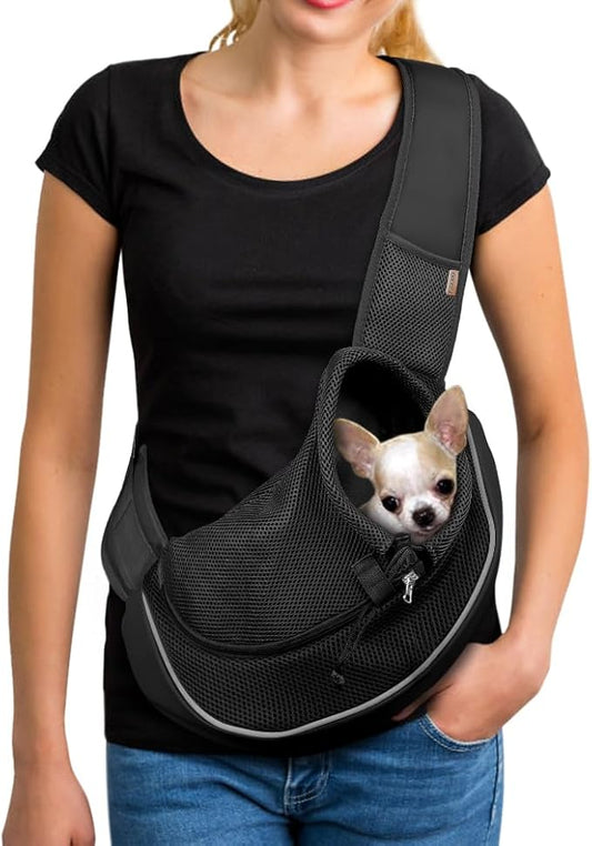 YUDODO Pet Sling Carrier for 10-15 lbs Small Dogs & Cats – Hands-Free Puppy Carrier with Safety Hook, Large Zipper Pocket, Soft Breathable Mesh, Adjustable Strap & Reflective Strip (Black 2.0 L)