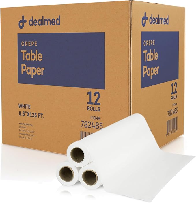 Dealmed Headrest Paper Roll | Smaller 8.5" x 125' Disposable Covers for Dentists, Diaper Changing, Waxing, Chiropractor, Tracing, Drawing, Coloring | Crepe, White, 12 Rolls/Case
