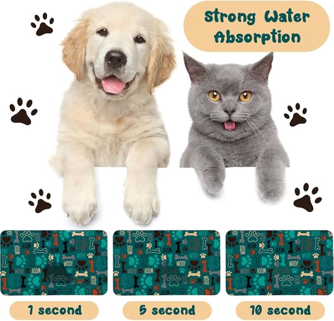 Dog Food and Water Bowl Mats - Waterproof, Absorbent Pet Feeding Placemats for Floors - Green 24 * 32 Inch