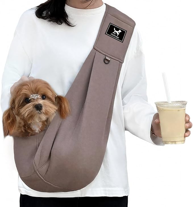 Dog Sling Carrier for Small Dogs & Cats up to 15 lbs, Hands-Free Pet Carrier Bag, Plus Size L Fits 47-53 in Bust, Padded Strap, Safety Leash, Caramel