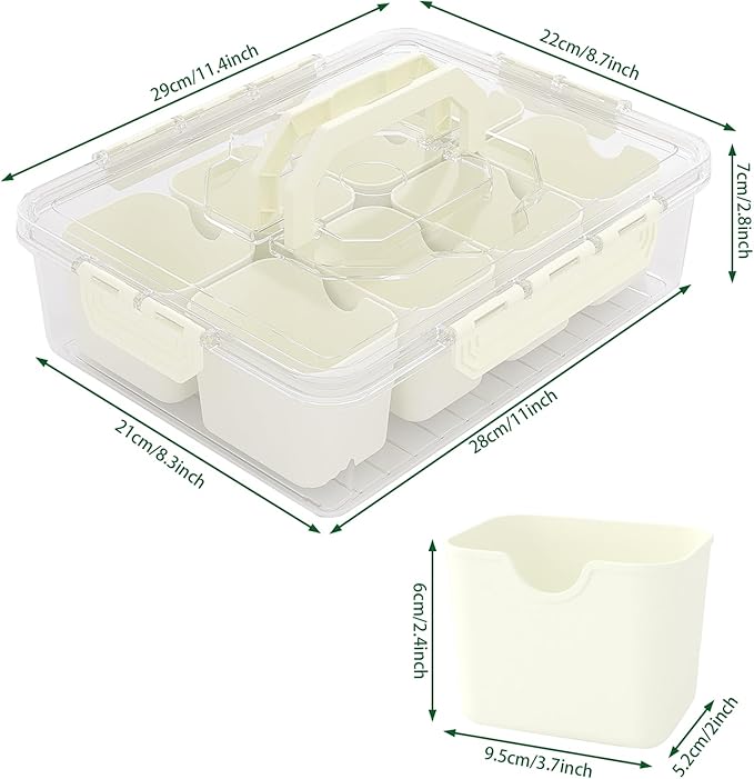 REBECAT Divided Serving Tray with Lid and Handles 8 Compartments Snack Box Container Charcuterie Organizer Snackle Box Container for Candy,Nuts，Fruits,Snacks,2 Pack,Beige