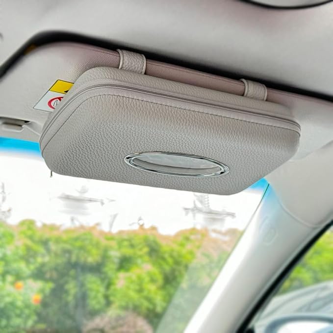 Car Tissue Holder, Sun Visor Tissue Holder, Zipper Car Visor Napkin Holder, PU Leather Backseat Tissue Case for Car,Vehicle (Grey)