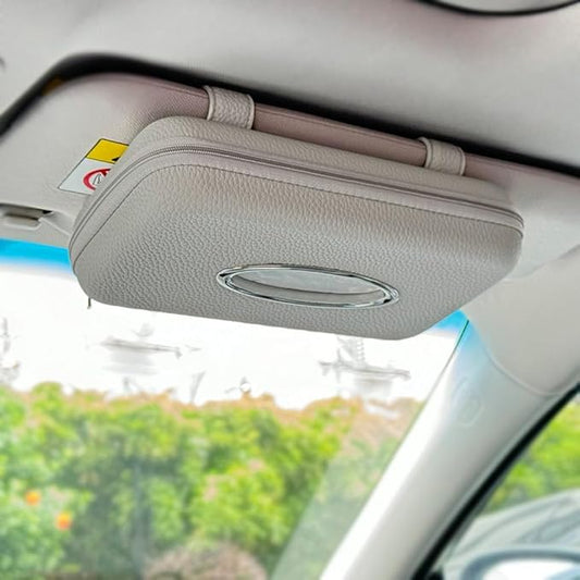 Car Tissue Holder, Sun Visor Tissue Holder, Zipper Car Visor Napkin Holder, PU Leather Backseat Tissue Case for Car,Vehicle (Grey)