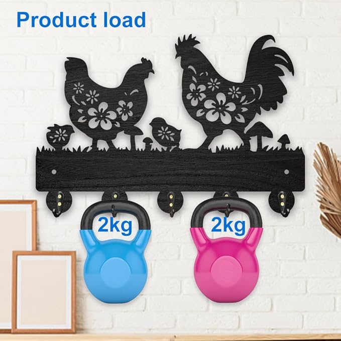MAYJOYDIY Chicken Coat Hooks Wall Mount Floral Roosters Hens Chicks Wood Key Holder for Wall 11.8×7.9inch Black Animal Wall Art Decor Key Hooks 5 Alloy Hooks for Gift Farmhouse Entryway Living Room