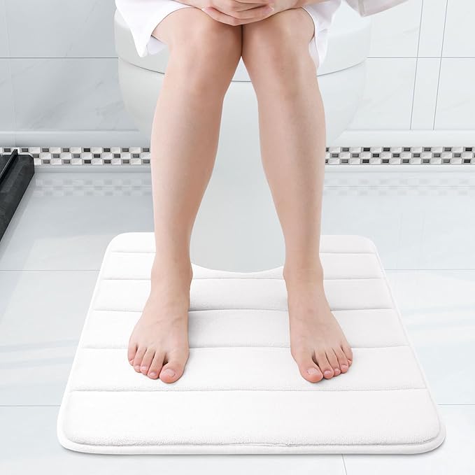 Buganda Memory Foam U-Shaped Contour Toilet Rugs, Non Slip Absorbent, Thick Soft Washable Bathroom Mat, Floor Carpet Bath Rugs Mat for Toilet Base (24" x 20", White)
