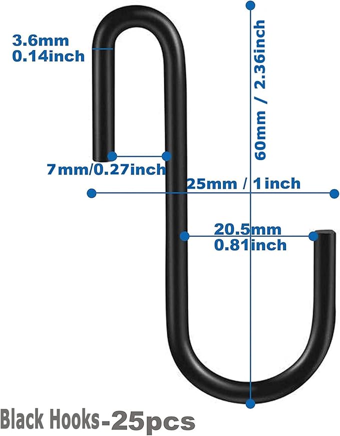 50 Pack Heavy Duty S Hooks S Shaped Hooks Hanging Hangers Pan Pot Holder Rack Hooks for Kitchenware Spoons Pans Pots Utensils Clothes Bags Towels Plants(Black & Silver)