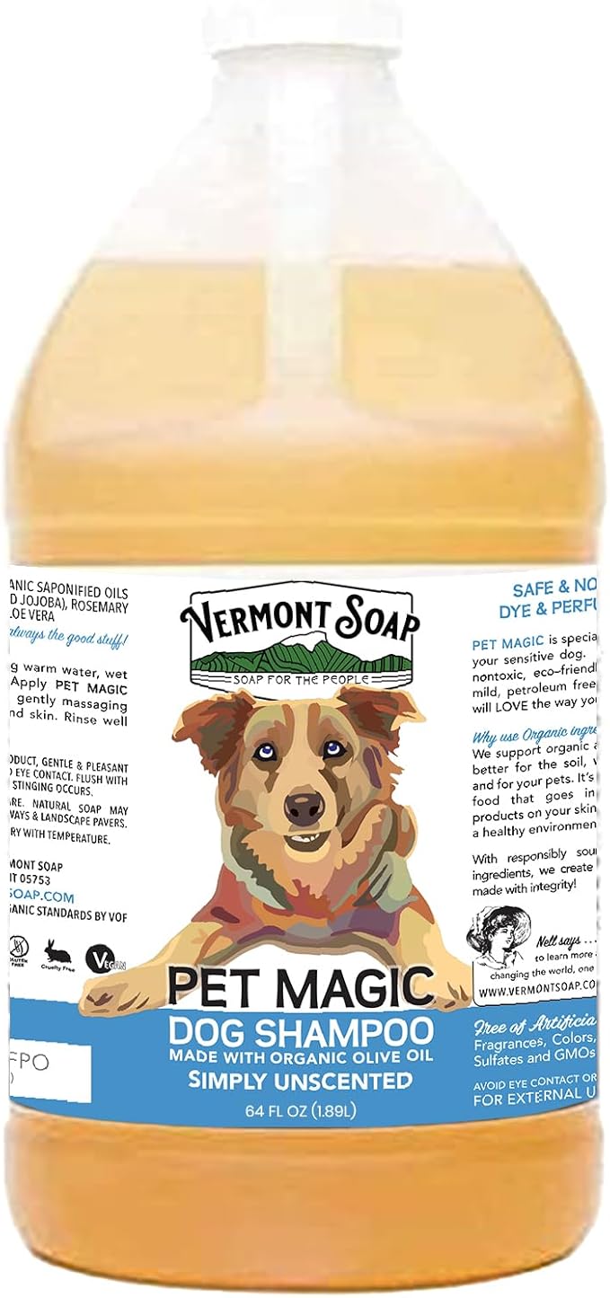 VERMONT SOAP Organics Pet Shampoo - Infused with Organic & Natural Olive Oil, Coconut & Aloe Vera Dog Shampoo for Sensitive Skin - USDA Certified Grooming, Unscented (64oz)