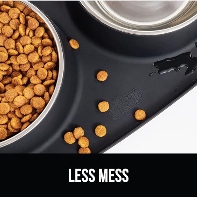 GORILLA GRIP Feeding Mat Set, 3 Cup, Patent Pending 100% Waterproof BPA Free Silicone, Stainless Steel Cat and Dog Bowls, Slip Resistant, High Edges Catch Water Food, US Designed Pet Accessories Black