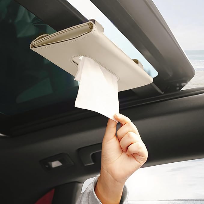YVPSI Car Tissue Holder Sun Visor Napkin Holder with Tissue Refill Car Mask Holder PU Leather Tissue Box Tissue Box Holder Hanging Tissue Holder Mask Dispenser for Car (Beige)