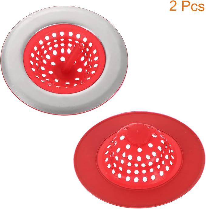 uxcell Silicone Sink Strainer, 2Pcs Kitchen Sink Drain Strainer Stopper with Stainless Steel Edge 4.4" Diameter Rim, Red