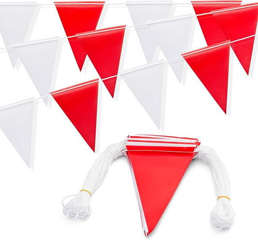 Heavy Duty Pennant Banner Flags with Warning Signs - Multipurpose 105FT OSHA Colored Safety Alert Flags for Party,Construction Sites, Industrial Zones, and Events(RED+WHITE,45pcs,105FT)