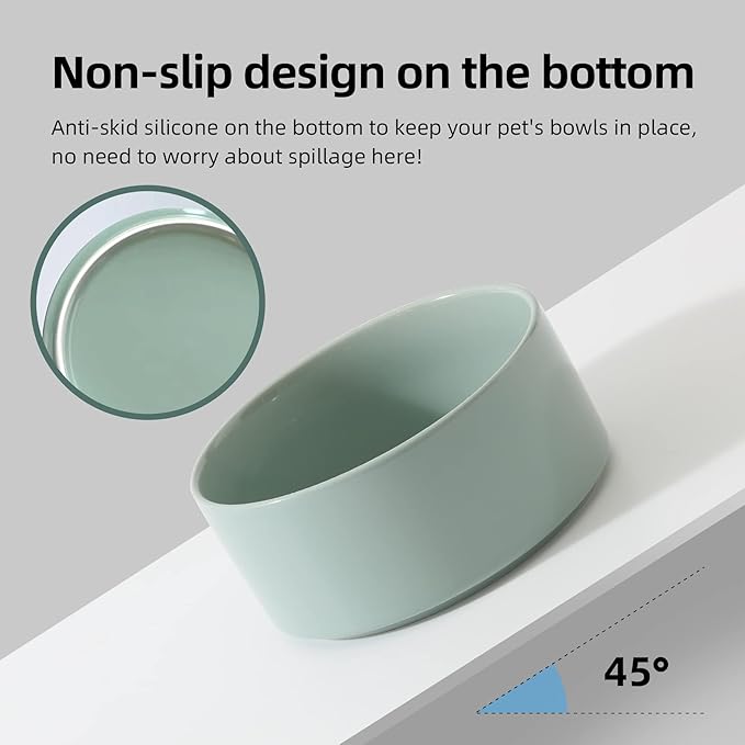 Ceramic 7.3inch Raised Dog Bowl Set, Elevated with Wooden Stand, Food and Water Bowl for Medium Breed Dogs, Weighted Dog Dishes, Pet Feeder(Light Green)