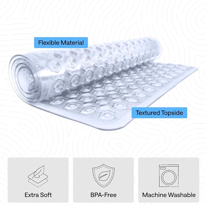 GORILLA GRIP Patented Bath Tub Shower Mat, Machine Washable Bathtub Floor Liner Mats, Suction Cups and Drain Holes to Keep Tubs Clean, Soft on Feet, Bathroom Essentials, 35x16 Inch, Clear