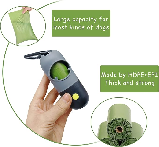 Morn Light 2 Pack Poop Bag Holder with Flashlight Waste Bag Dispenser for Leash with Clip and Battery Poop Bag Dispenser with Green Scented Poop Bags for Dog Walking(Black,2 Dispenser 60 Bags)