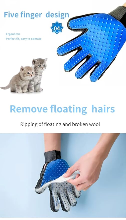 Efficient Pet Grooming Glove - Gentle Shedding Brush for Dogs, Cats, Horses, & more with Long & Short Hair - 1 Pair (Blue)