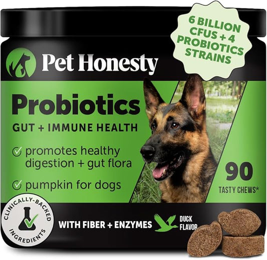 Probiotics for Dogs for Occasional Diarrhea & Bowel Support, Digestive Enzymes with Prebiotics for Gut Health for Dogs, Immunity Health & Itch Relief (Duck 90 ct)