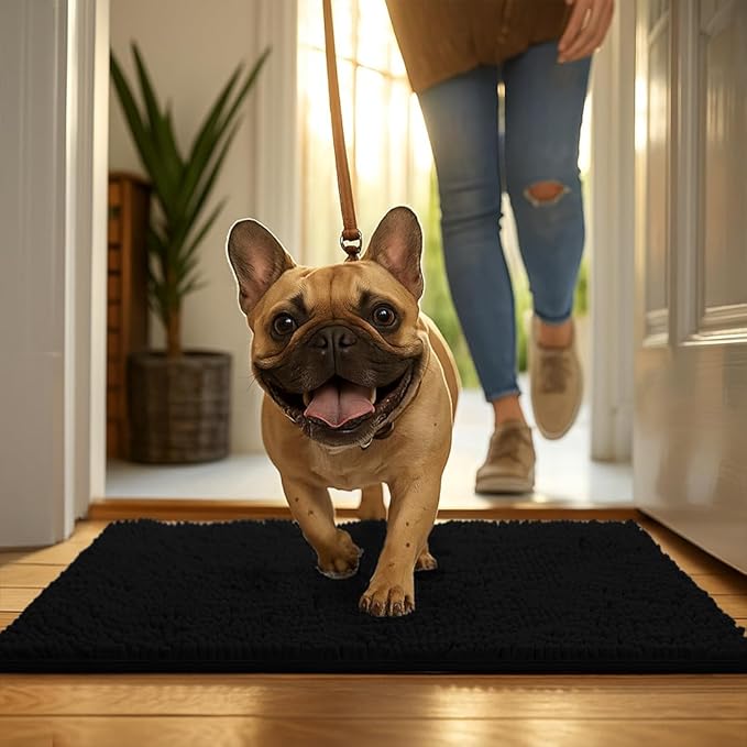 MudGuard Mat™ Dog Door Mat for Muddy Paws, Super Absorbent Microfiber, Non-Slip Indoor Mat, Quick Dry Chenille Mud Mat for Dogs & Entryway, Washable, Black 36" x 60"