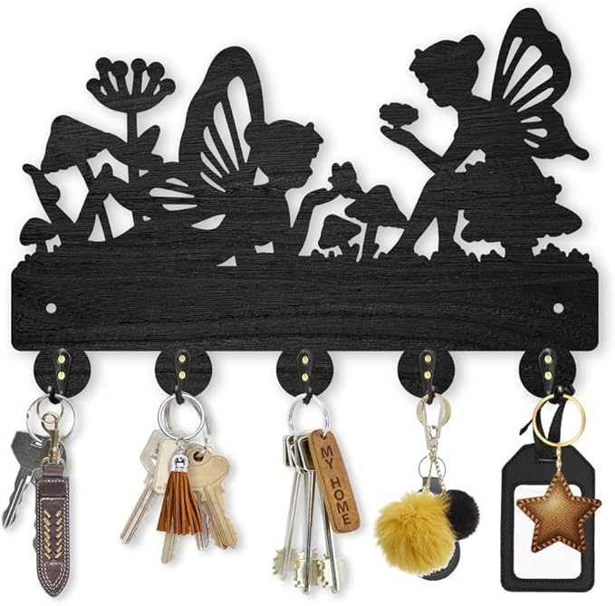 MAYJOYDIY Fairy Coat Hooks Wall Mount Elf Mushroom Wood Key Holder for Wall 11.8×7.9inch Black Wall Art Decor Key Hooks 5 Alloy Hooks for Gift Entryway Living Room Kitchen Office