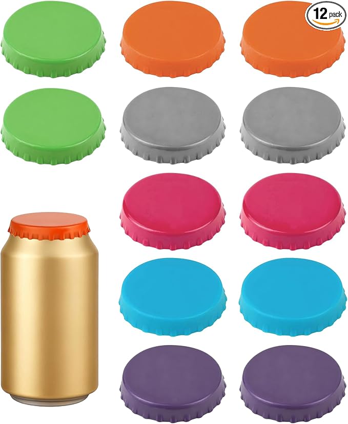 Soda Can Lids – 12 Pack Reusable Silicone Can Covers, Pop Can Lids Fits Standard Cans, Can Toppers for Soda, Beer, Beverage (Assorted, BPA-Free)
