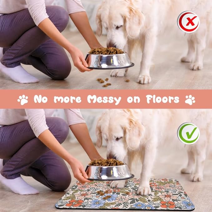 Dog Food Mats for Floors Waterproof, Cat Water Bowl Mats Pet Feeding Absorbent Placemats Flower 12 * 20 inch