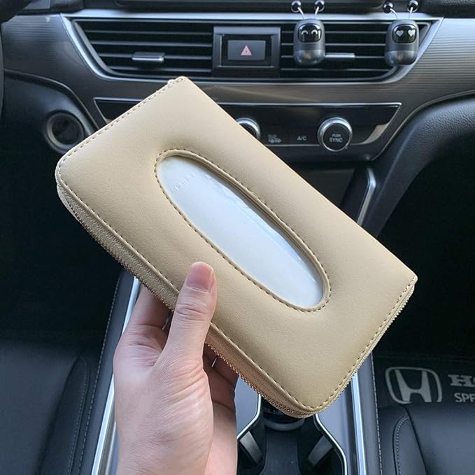 Car Tissue Holder, Sun Visor Tissue Holder, Car Visor Napkin Holder, PU Leather Backseat Tissue Case Holder for Car Vehicle with Zipper (Beige)