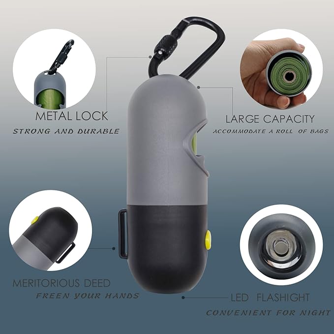 Morn Light 2 Pack Poop Bag Holder with Flashlight Waste Bag Dispenser for Leash with Clip and Battery Poop Bag Dispenser with Green Scented Poop Bags for Dog Walking(Black,2 Dispenser 60 Bags)