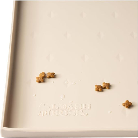 Leash Boss Dog Food Mat - Waterproof Cat & Dog Bowl Mat for Food and Water, Silicone Pet Feeding Mats for Floors, Non-Slip Placemat with High Edges, Puppy Essentials (XXL: 30"x22", Beige)
