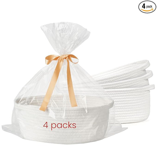 Small Woven Gift Basket Empty with Bag & Ribbon - Gifts for Mom, Baby Shower, Birthdays & Raffle - Cotton Rope Storage Basket for Dog Toys or Shelf - 12"x8"x5", Easter White, 4 Packs
