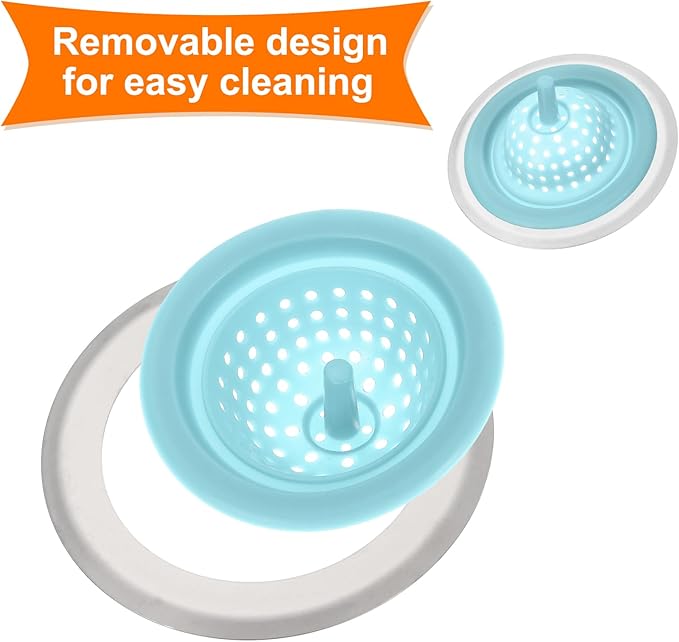 uxcell Silicone Sink Strainer, 2Pcs Kitchen Sink Drain Strainer Stopper with Detachable Stainless Steel Edge 4.4" Diameter Rim, Blue