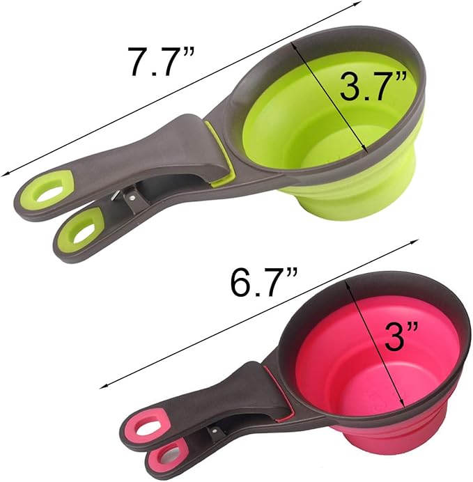 Acronde Collapsible Pet Scoop Silicone Measuring Cups Set Sealing Clip 3 in 1 Multi-Function Scoop Bowls Bag Clip for Dog Cat Food Water Set of 2 (1 Cup & 1/2 Cup Capacity) (Multicolor)