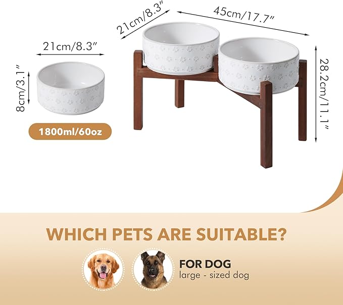 Ceramic 8.2inch Raised Double-Bowl Set with Acacia Wooden Stand, Food & Water Bowls for Large Breed Dogs, Weighted Dog Dishes, Pet Bowl (60 oz)
