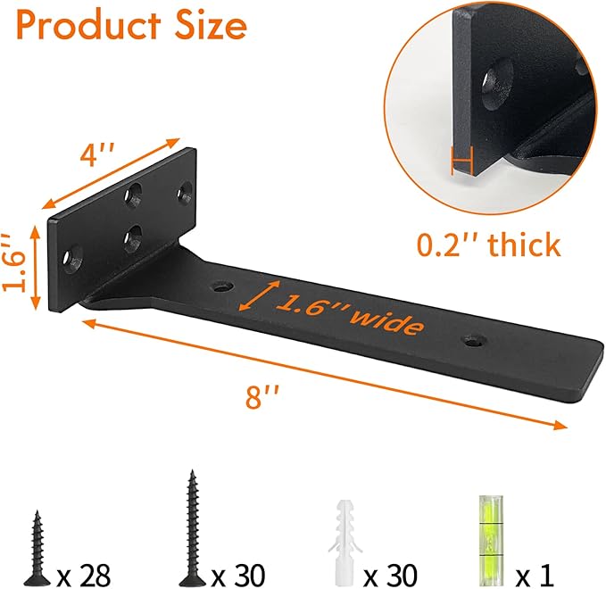 Floating Shelf Brackets, 8 inch Heavy Duty Industrial Shelf Bracket, Black Metal L Brackets for Shelves Support DIY with Hardware(6 Pack)