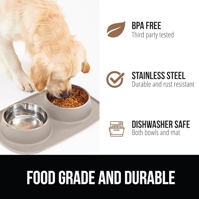 GORILLA GRIP Feeding Mat Set, 4 Cup, Patent Pending 100% Waterproof BPA Free Silicone, Stainless Steel Cat and Dog Bowls, Slip Resistant, High Edges Catch Water Food, US Designed Pet Accessories Beige