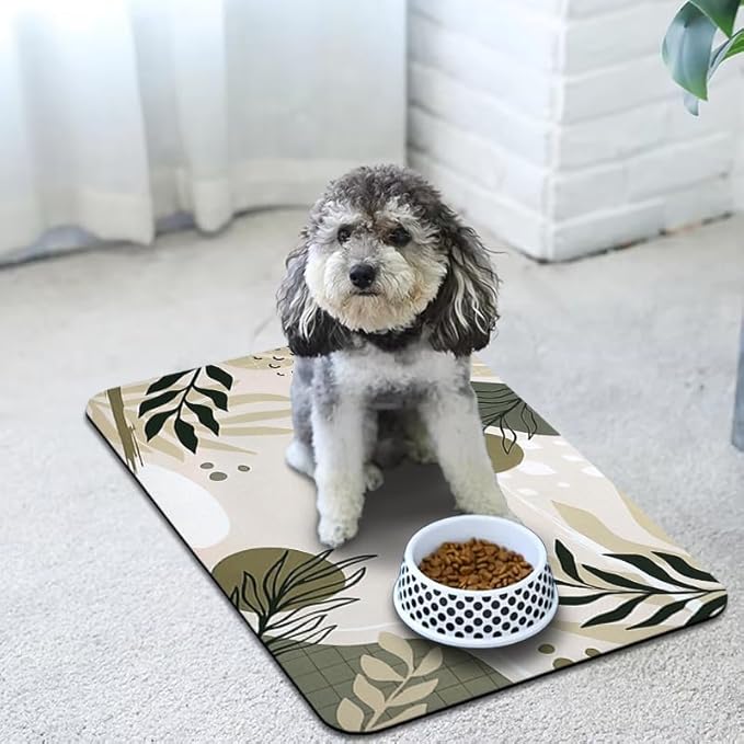 Dog Food and Water Bowl Mats - Waterproof, Absorbent Pet Feeding Placemats for Floors - Bohemia Tropical Leaves Design, 24 * 32 Inch