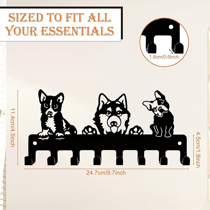 Dog Leash Holder for Wall with 8 Hooks, Heavy Duty Metal Key Rack Wall Mounted, Pet Leash and Key Organizer for Entryway Garage, Holds Harnesses, Collars, Leashes, Keys, Hats