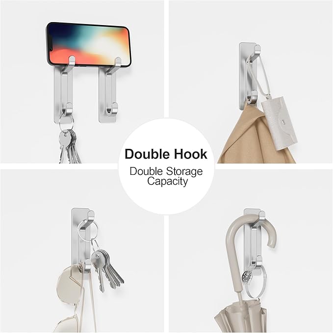 pickpiff Wall Hooks for Coat and Towel: 13LB Adhesive Door Hanger Stick on, Silver 6 Pack