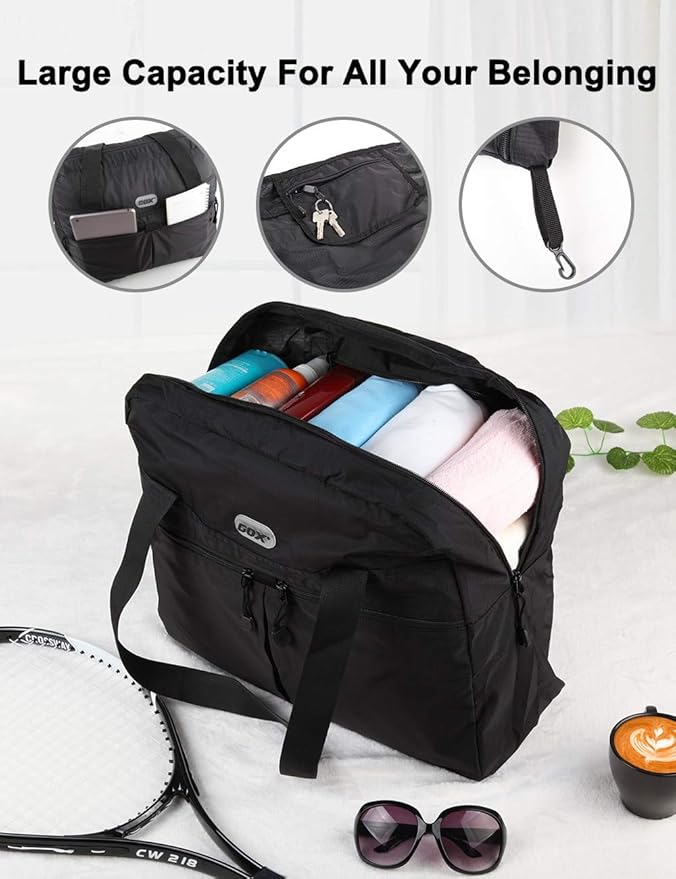GOX Packable Duffel Bag for travel Foldable Tote Bag Travel Tote Bags for Women(Black)