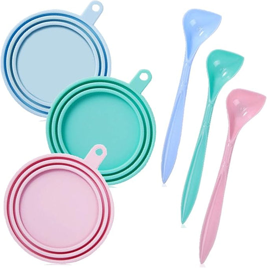 WAFJAMF Silicone Pet Can Covers,Dog Cat Food Can Lids and Spoons,Universal BPA Free,Fit Multiple Sizes Dishwasher Safe-3Pack