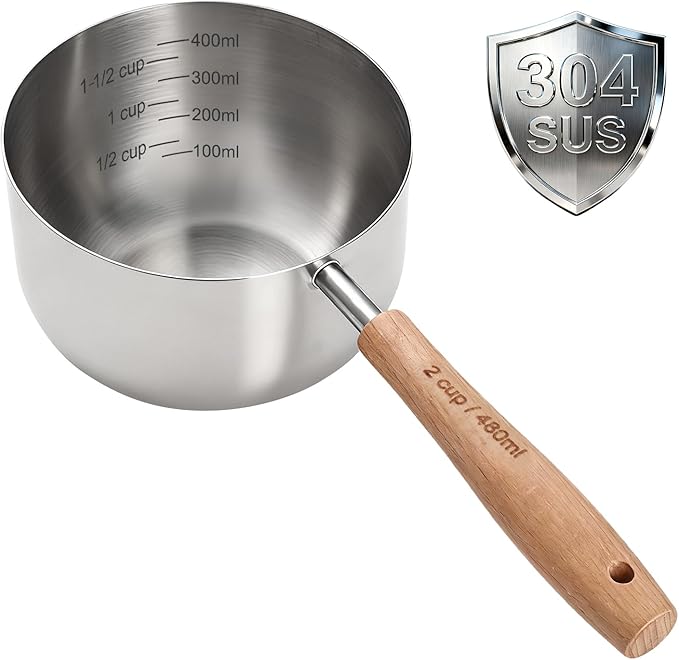 TREMENDRY 1PCS 2Cup(480ml | 16oz) Dog Cat Food Scoop, 18/8(304) Stainless Steel Measuring Cup with Wooden Handle, Etched Measurements Inside, BPA Free Portion Control for Pets & Kitchen Use