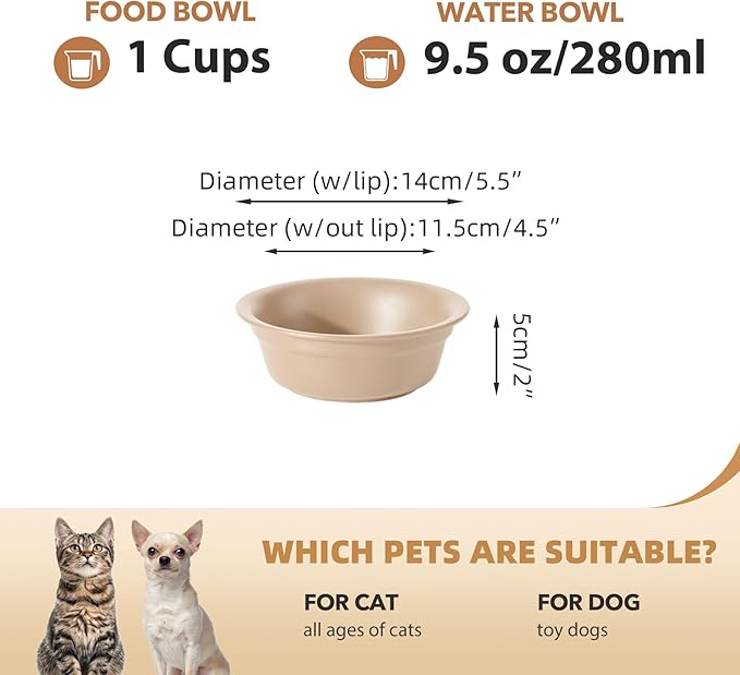 Ceramic 5.5inch Set of 2 Dog and Cat Bowls, 2pcs Basic 1 Cup Food or 9.5 oz Water Dishes for Puppy, Kitty, Wide Opening Rounded Edge (2 Bowls, Oat Beige)